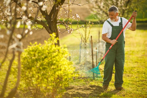 A middle-aged man wearing green gardening overalls and a white t-shirt is standing in a well-maintained garden in Enfield, using a rake to clear debris from a patch of soil near a flowering tree with pink blossoms. The garden features a lush, green lawn with neatly trimmed grass, bordered by flowering shrubs and a small, low wooden fence. In the background, there are more trees and a sunny sky, suggesting a bright, clear day suitable for outdoor gardening work. The scene captures a peaceful and tidy outdoor space, typical of garden landscaping and maintenance services offered by Gardening Services Enfield to enhance local residential gardens.